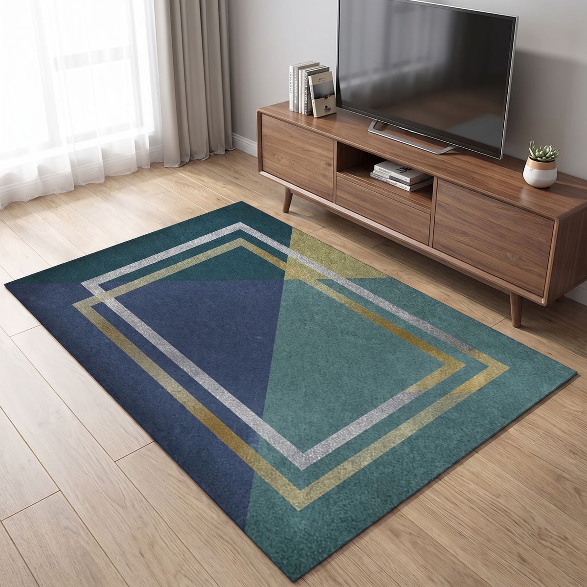 Art Deco Diamond Living Room Rug, Navy lifestyle photo B