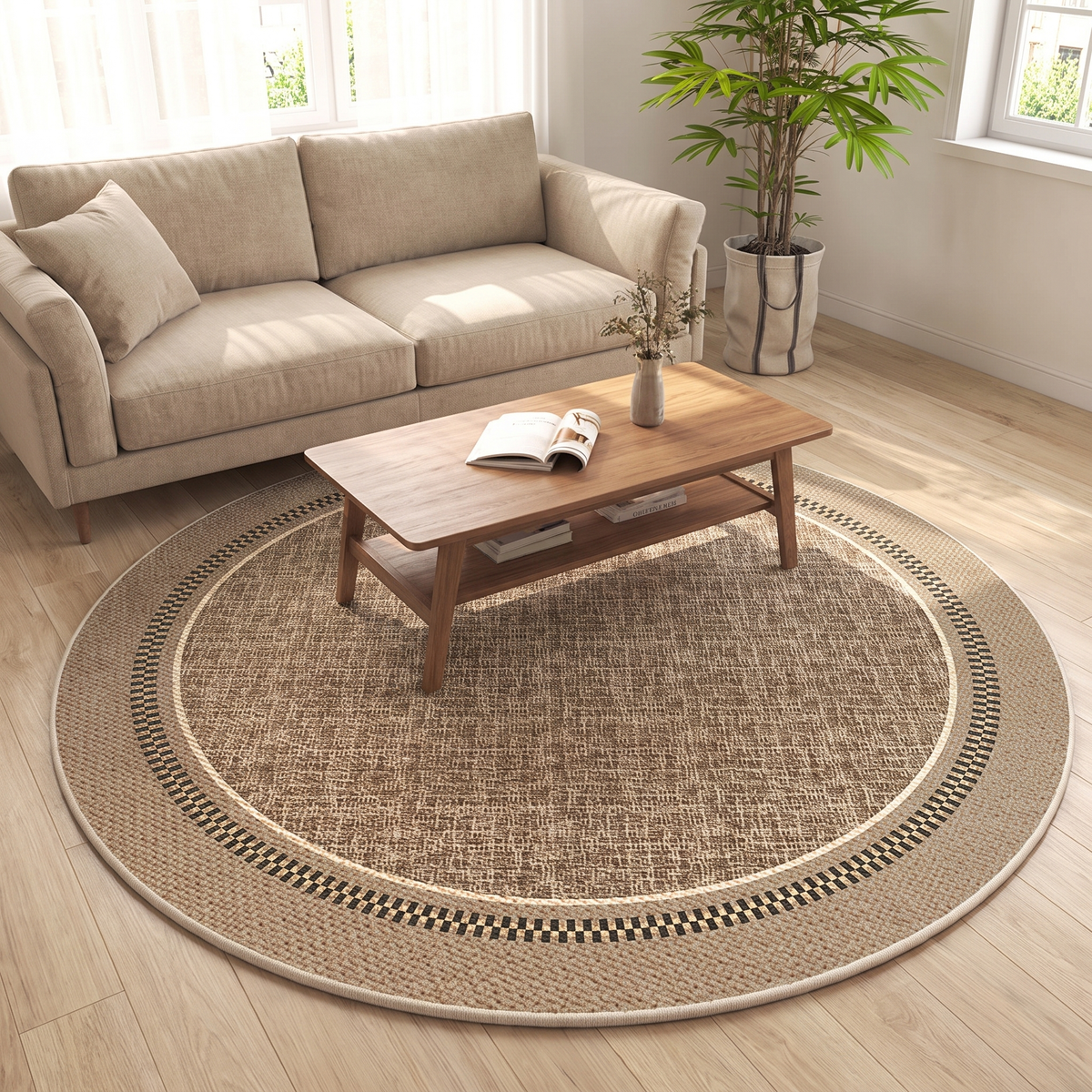 Woven Natural Round Living Room Rug lifestyle photo A