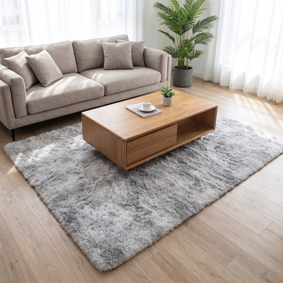 Tonal Mottled Plush Rug, Light Grey lifestyle photo A