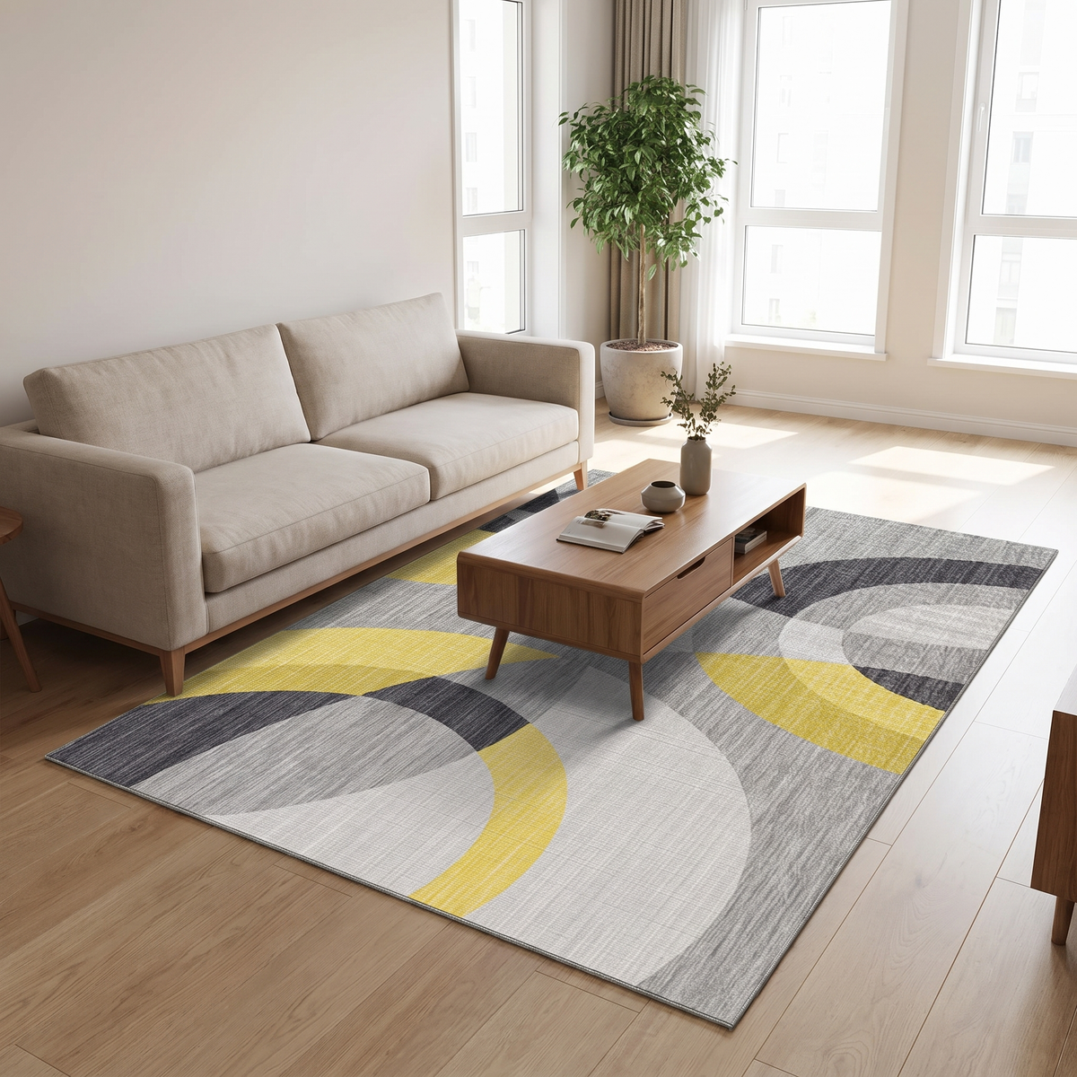 Overlapping Arc Rug, Mustard Grey lifestyle photo A