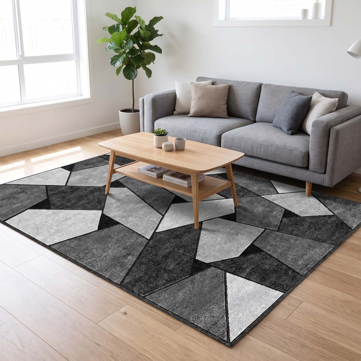 Faceted Geometric Rug, Charcoal Grey lifestyle photo A
