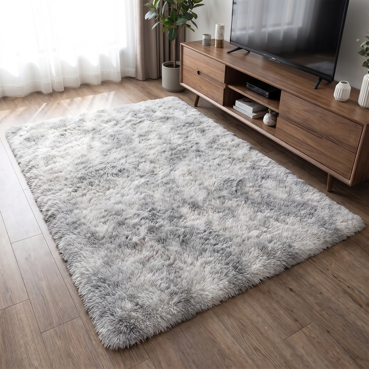 Tonal Mottled Plush Rug, Light Grey lifestyle photo B
