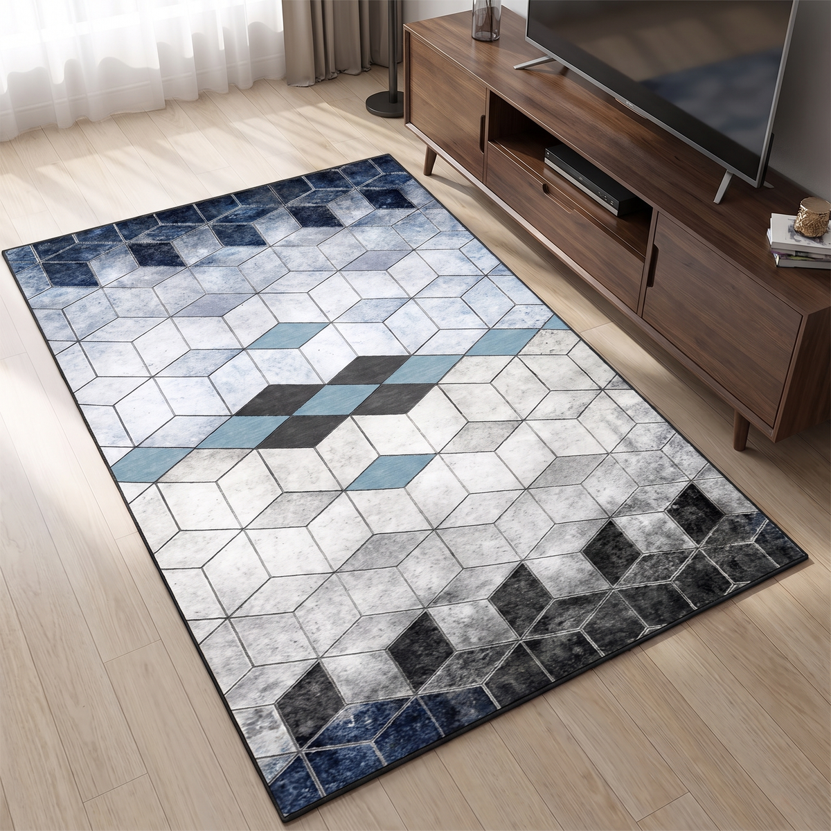 3D Cube Geometric Living Room Rug, Navy lifestyle photo B