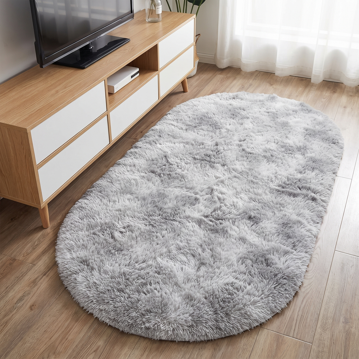 Plain Oval Bedside Rug Light Grey, Pink Purple, Dark Grey, Pink, Beige, Khaki, Brown, Cyan lifestyle photo B
