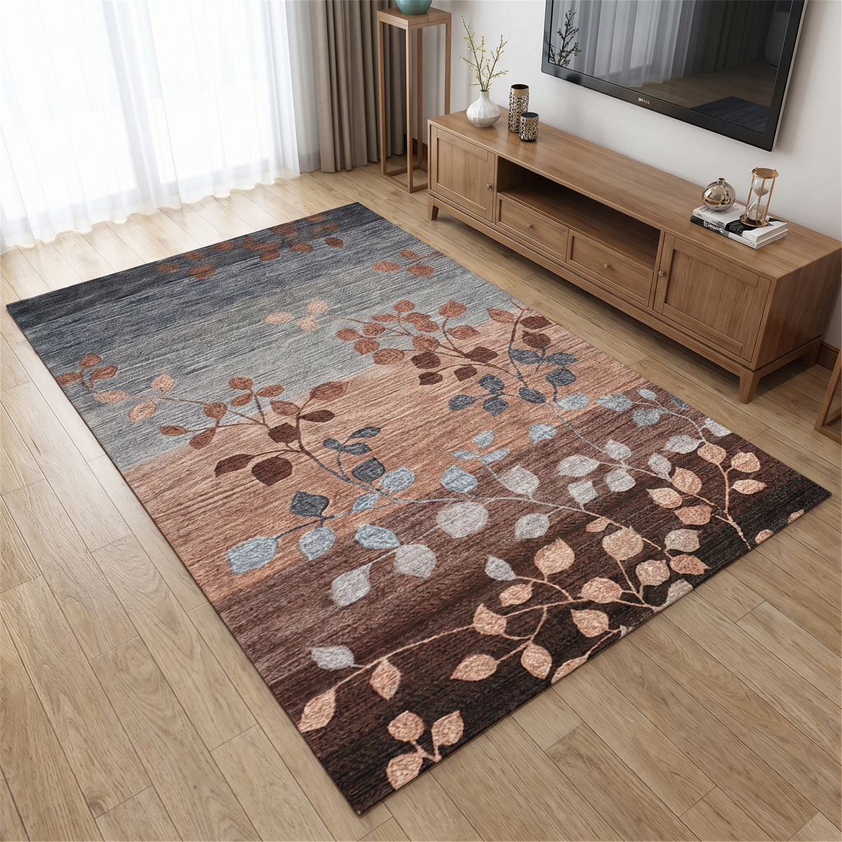 Botanical Leaf Living Room Rug, Grey-Brown lifestyle photo B