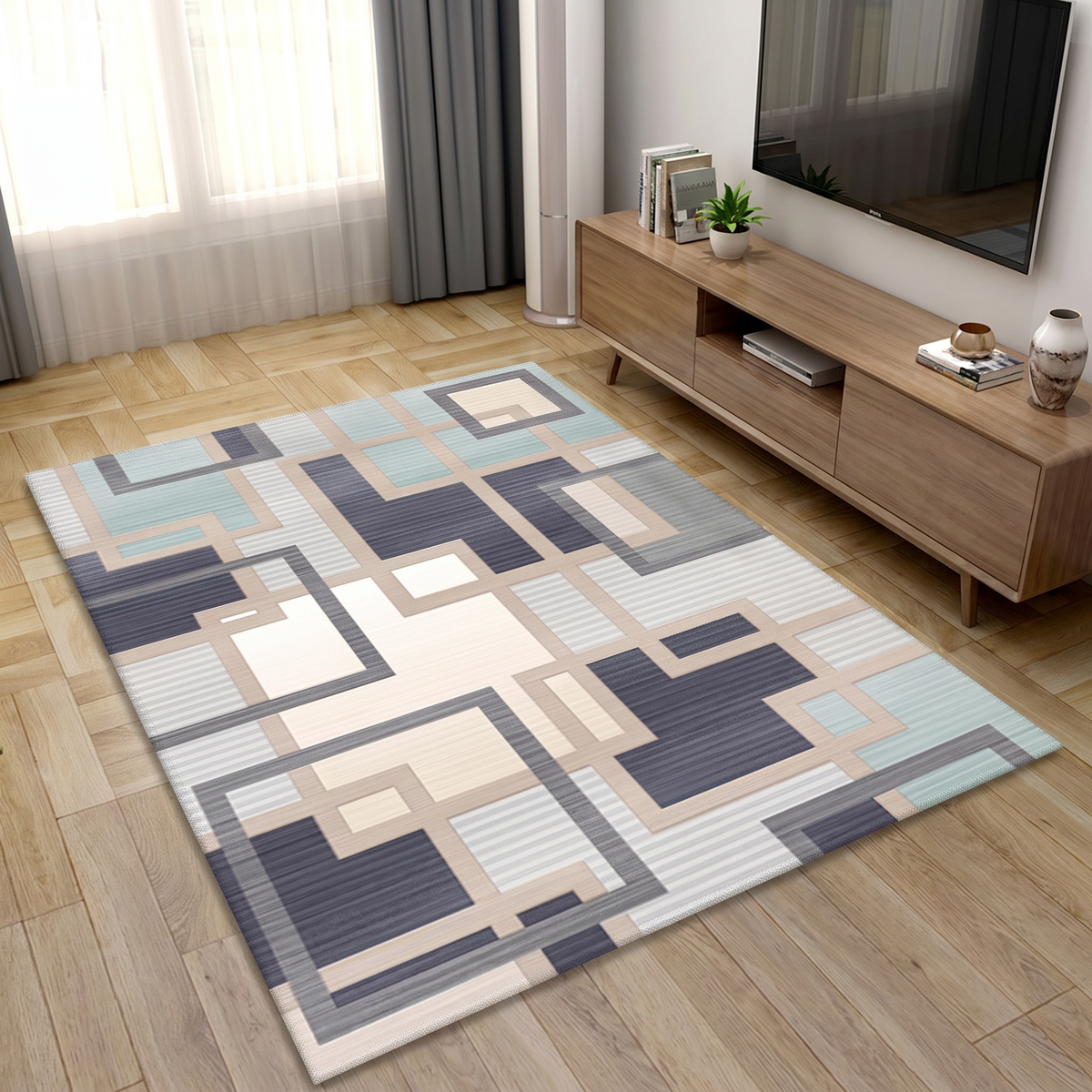 Nested Rectangles Living Room Rug, Navy lifestyle photo B