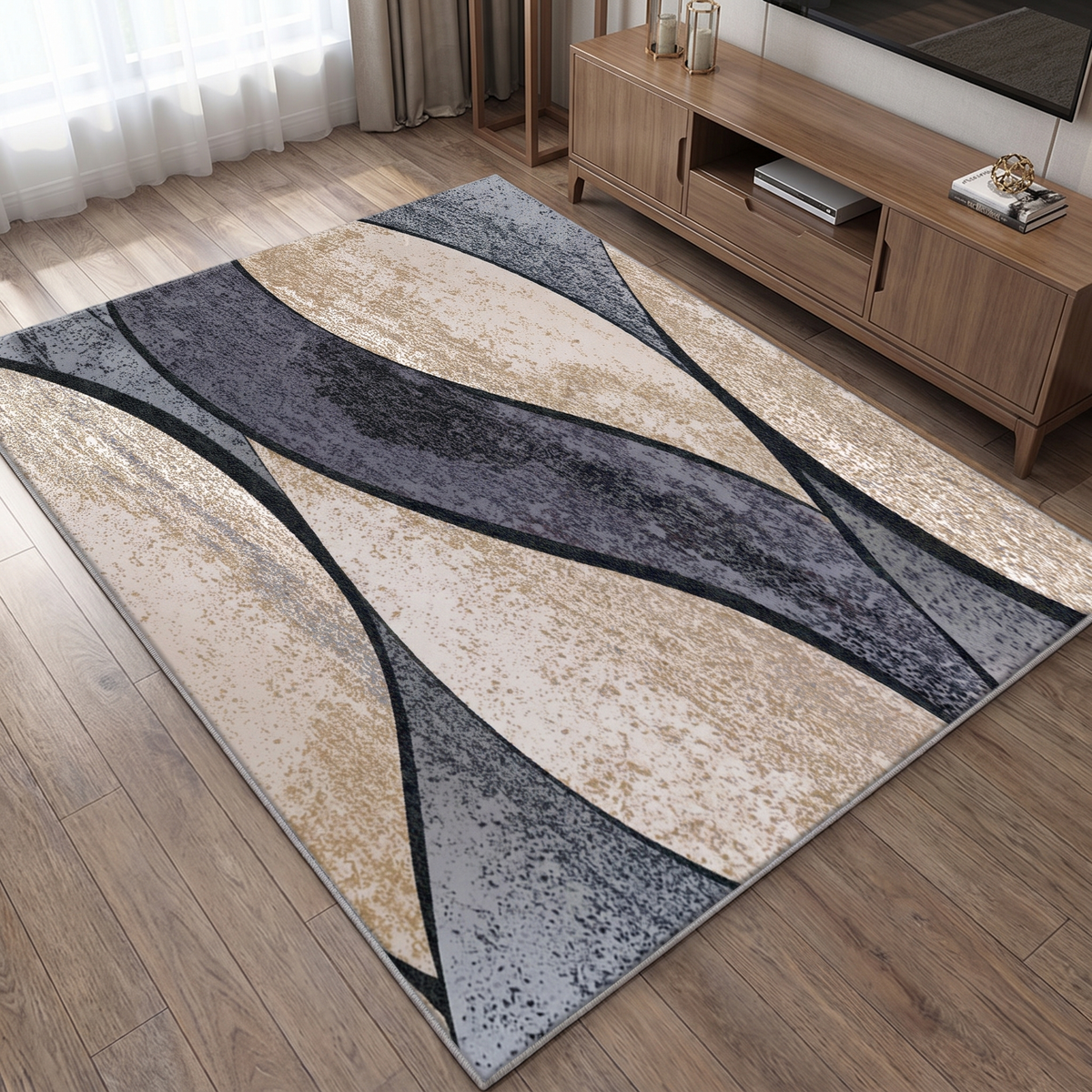 Abstract Wave Living Room Rug, Gold lifestyle photo B