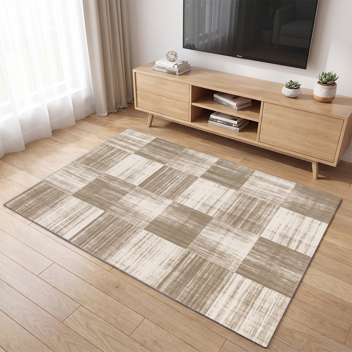 Checkerboard Block Living Room Rug, Beige lifestyle photo B