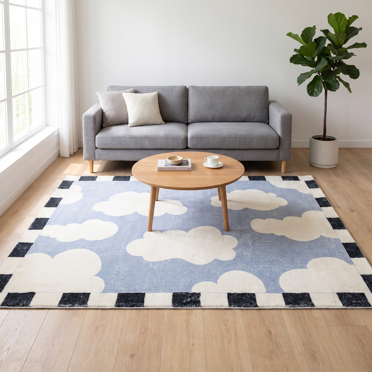 Cloud Print Square Living Room Rug, Sky Blue lifestyle photo A
