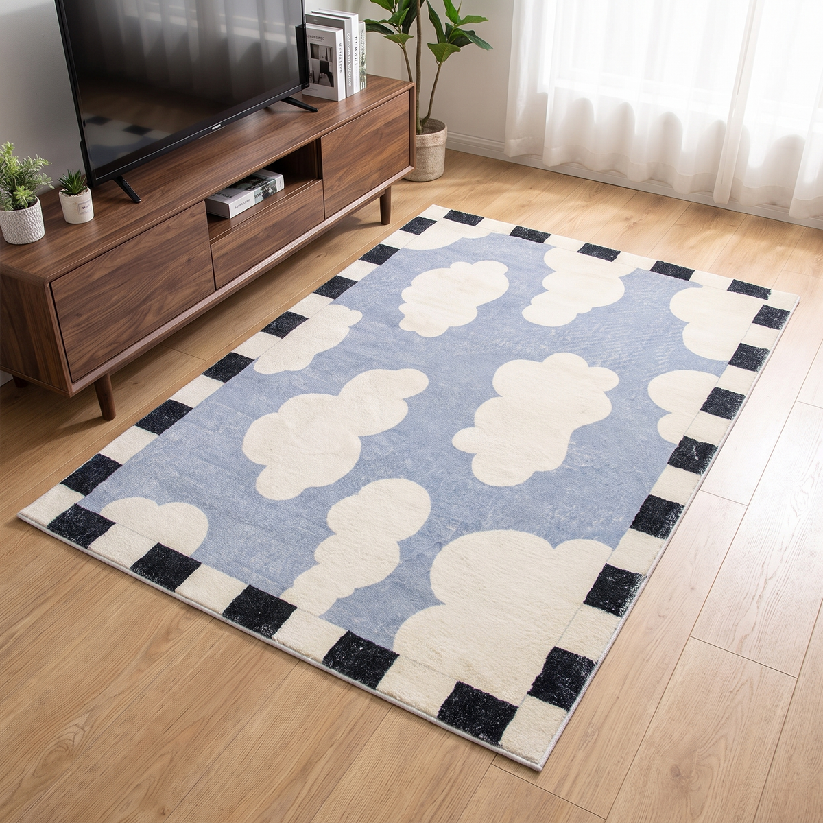 Cloud Print Square Living Room Rug, Sky Blue lifestyle photo B