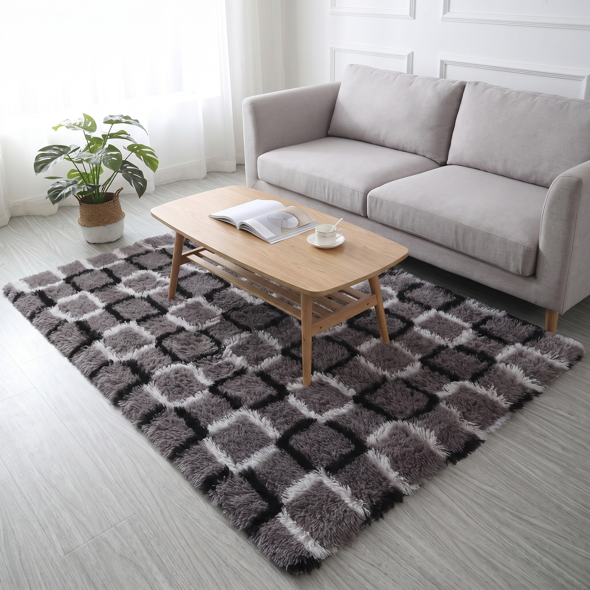 Shaggy Check Tile Retro Rug, Grey lifestyle photo A