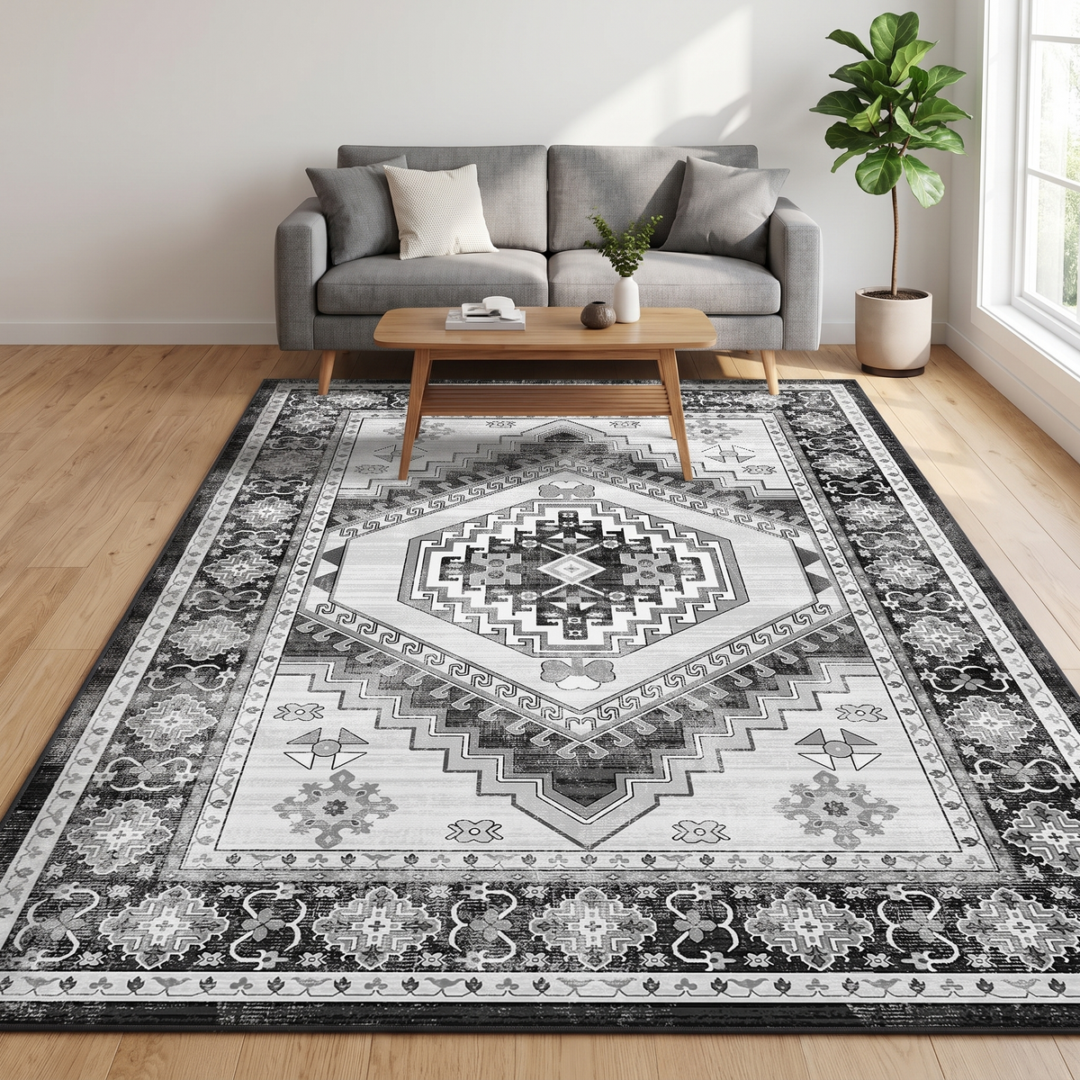 Bohemian Medallion Botanical Rug, Monochrome lifestyle photo A