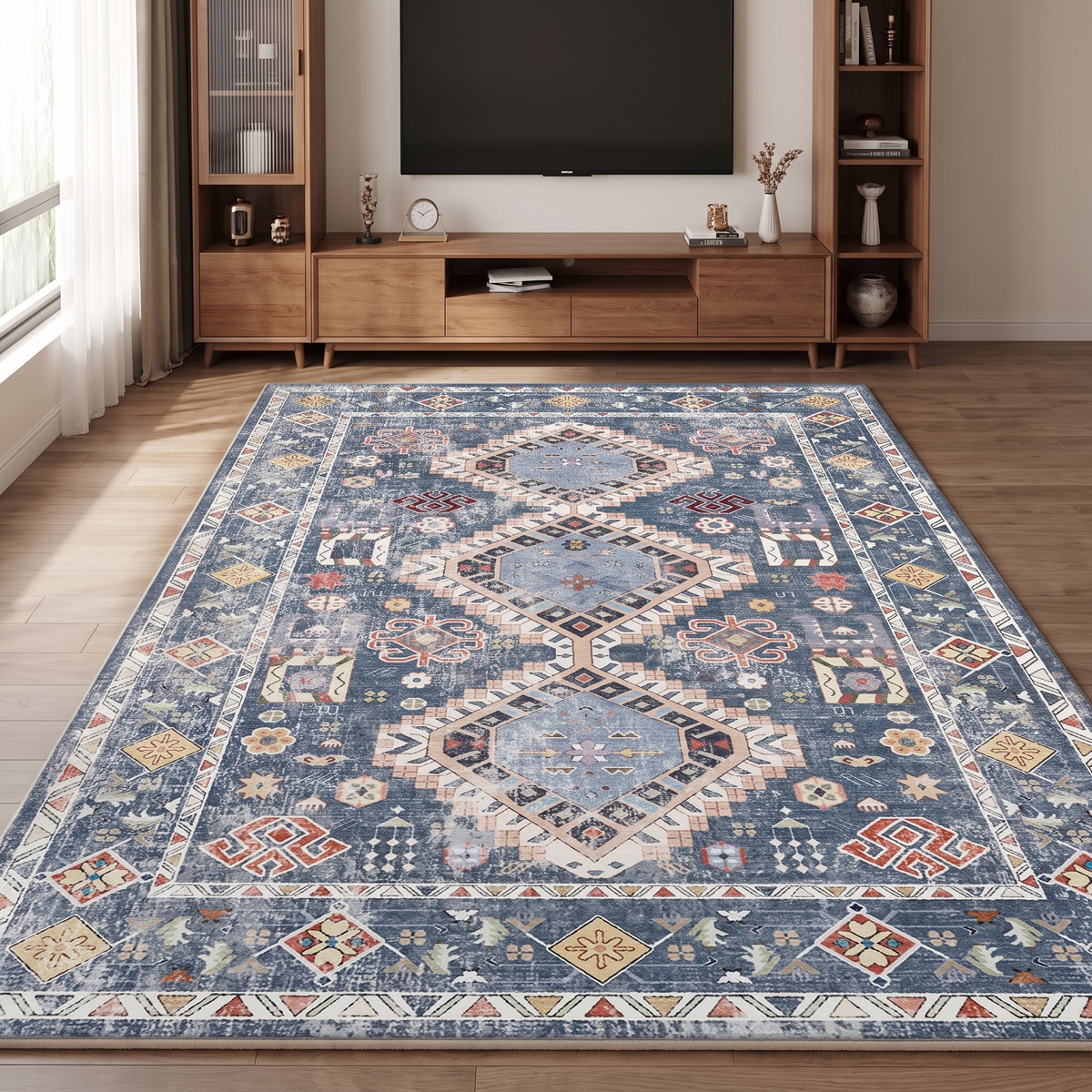 Bohemian Tribal Living Room Rug, Navy lifestyle photo B
