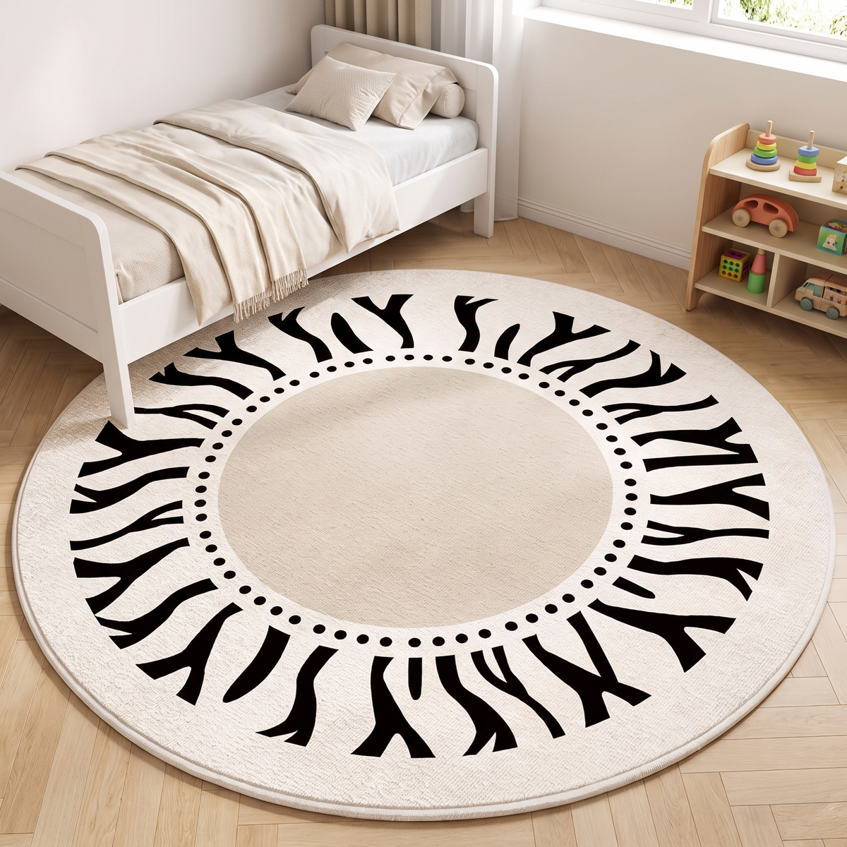 Tribal Sunburst Round Playroom Rug lifestyle photo A